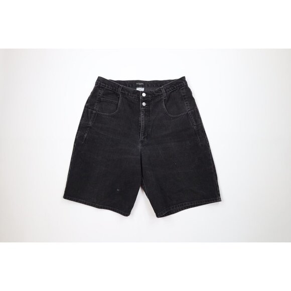 Vintage 90s Guess Mens 34 Distressed Spell Out Baggy Denim Jean Shorts Black - Picture 1 of 14